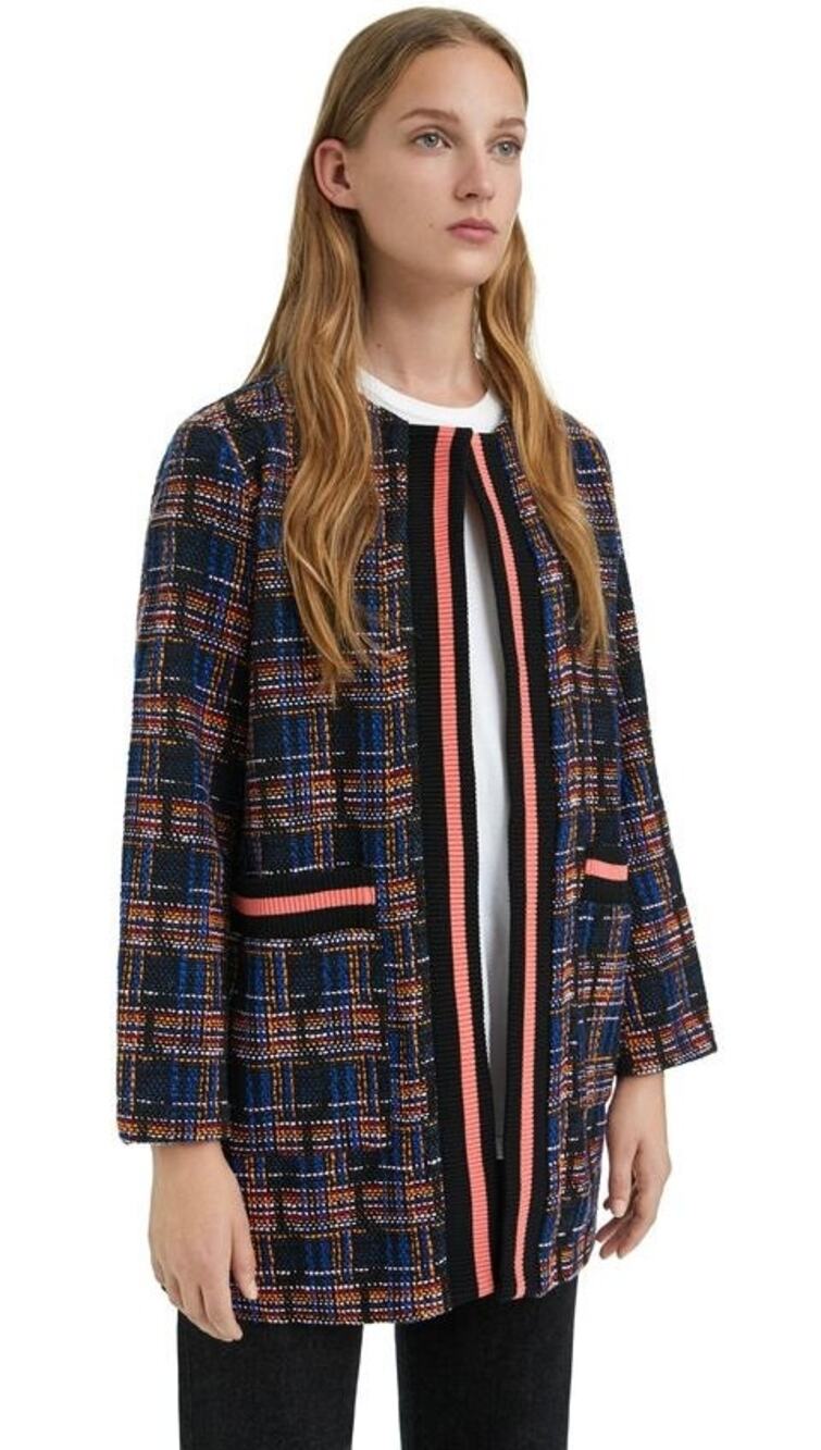 Bimba Y Lola Long Tweed Jacket Open Front Plaid Striped Coat